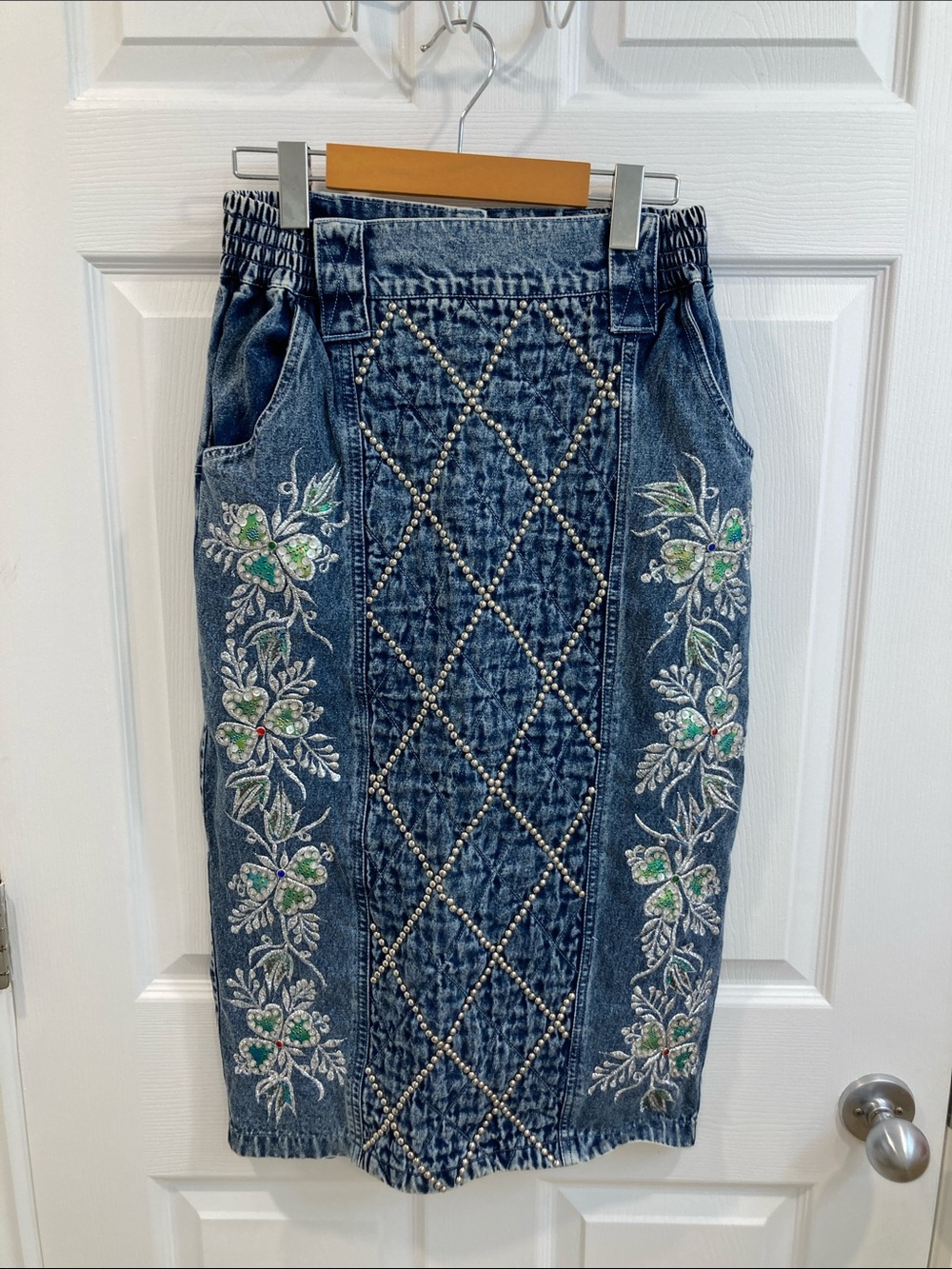 Embellished 80’s vintage Denim Midi Skirt - Blue with Green Floral Embroidery